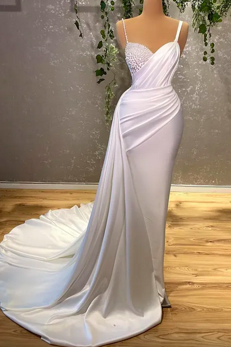 Sexy Wedding Dresses For Women Charming 2024 Straps Pearls Bride Dress White Mermaid Floor Length Robe De Mariee Customize Vestidos De Novia