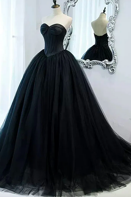 Gothic Black Tulle Prom Dresses 2023 Princess Sweetheart Satin Top Exposed Boning Tulle Evening Gowns Women Formal Dresses Robe De Soiree