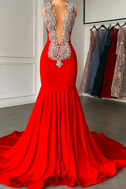 Mermaid Prom Dress 2023 Luxury Sparkly Silver Handmade Diamond Red Evening Birthday Dress Black Girl Sheer Scoop Neck Robe De Soiree Customed