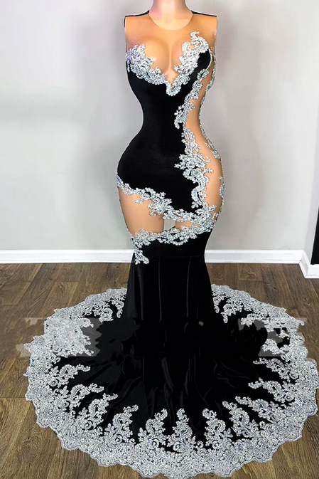 Lace Appliques Black Velvet Mermaid Prom Dress 2023 Luxury Gown Sexy Mermaid Evening Birthday Dress Black Girl O Neck Robe De Soiree Customed