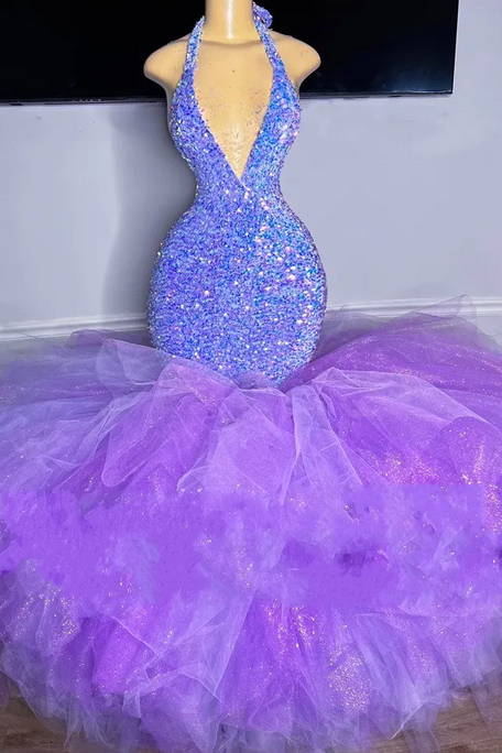 Purple Sequins Mermaid Prom Dress 2023 For Black Girls Halter Ruffles Backless Evening Formal Party Gonws Organza Tiered Robe De Soiree