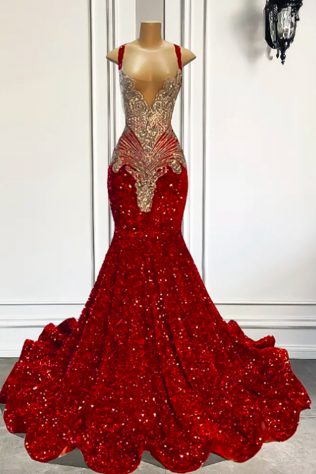 Gorgeous Long Prom Dresses 2023 Mermaid Style Luxury Sparkly Silver Crystals Red Sequin Black Girls Prom Party Formal Gowns