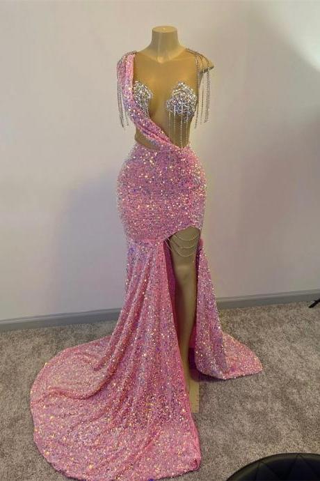 Glitter Pink Sequins Prom Dresses For Black Girls Tassels Luxury Dress For Gala Party 2024 Split Slit Long Mermaid Evening Gowns