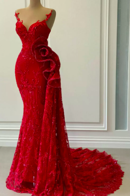 2024 Red Mermaid Evening Dresses Luxury Lace Beaded Sheer Neck Long Formal Party Prom Gowns Pageant Girls Wear فستان سهرة