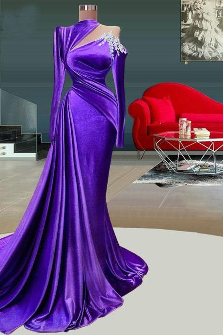 Purple Velour Long Sleeves Elegant Mermaid Evening Dresses 2023 Appliques Pleats Women Prom Formal Party Pageant Gowns Custom
