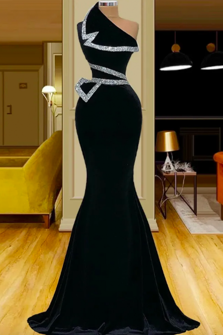 2023 Designer Black Evening Dresses Mermaid One Shoulder Long Prom Gowns Silver Beaded Plus Size Women Party Robes De Soirée