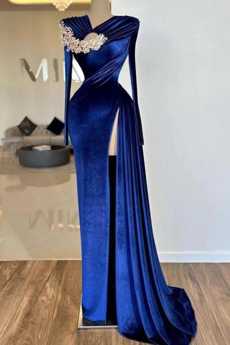 Royal Blue Prom Dresses, 2024 Velvet Prom Dresses, Pearls Prom Dresses, Arabic Prom Dresses, Prom Dresses, Fashion Party Dresses, Sexy Evening