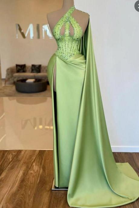 Green Prom Dresses, 2024 Prom Dresses, High Neck Evening Dresses, Sexy Formal Dresses, Satin Evening Dresses, Beading Evening Dresses, Sexy Prom