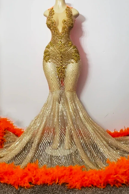 Orange Feather Train Gold Crystal Halter Prom Dresses For Black Girls Luxury Graduation Gown Mermiad Party Dress Wedding Vestido