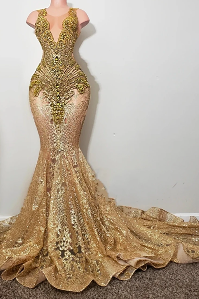 See Thru Gold Prom Dresses 2024 For Black Girls Luxury Crystal Beading Graduation Gown Mermiad Party Dress O Neck Wedding
