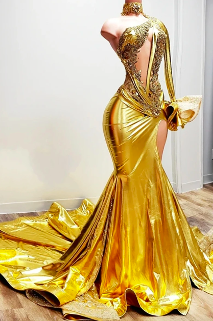 Sparkly Gold Crystal Beading Prom Dresses For Black Girls Luxury Graduation Gown Mermiad Party Dress O Neck Wedding Vestidos