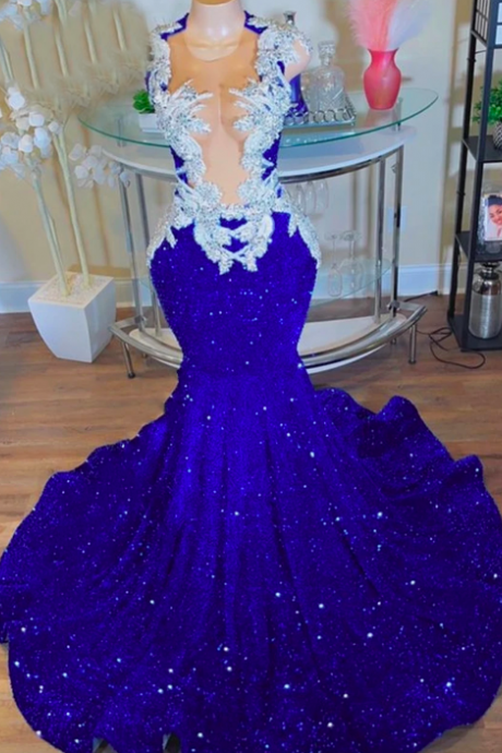 Elegant Royal Blue Sequin Prom Dresses For Black Girls O Neck Silver Beaded Applique Mermaid Cocktail Dress Formal Occasion Gown