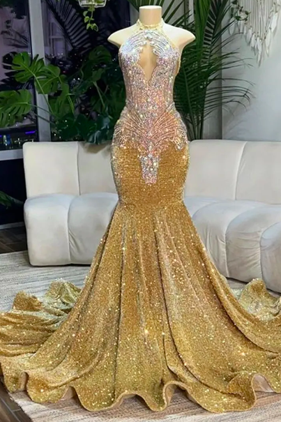 Champagne Sequin Halter Prom Dress Party Evening Elegant Celebrity Silver Crystal Beading Mermaid Luxury Cocktail Dresses Black