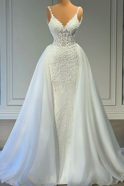 Beautiful Spaghetti Lace Appliques Mermaid Wedding Dress With Detachable Train Luxury Bridal Dress Bride Gowns Vestido De Noiva