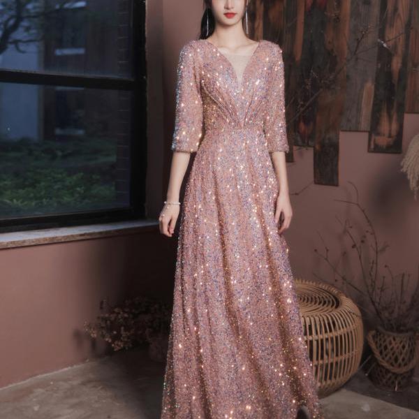 Elegant Sheath V Neckline Pink Sequin Long Prom Dress Evening Dresses With Flowers