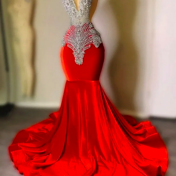 2023 Red Mermaid Prom Dress Beading Crystal Rhinestone Birthday Graduation Party Dress Gowns Vestidos De Gala Robe De Soiree