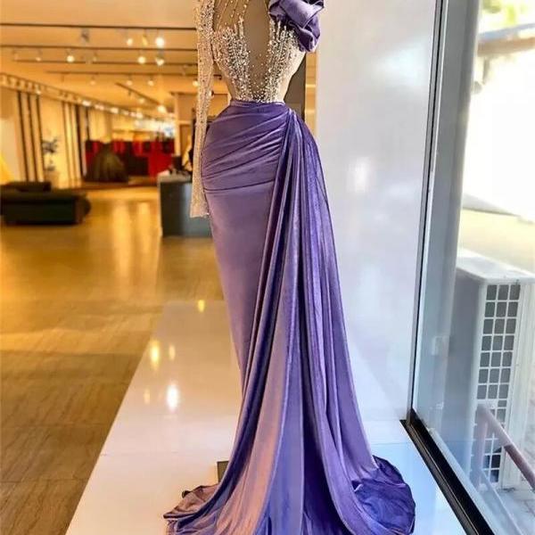 Purple Velour Evening Dresses Beaded Illusion Flowers Long Sleeve Arabic Dress For Women Elegant Mermaid Pleats Robe De Fiesta