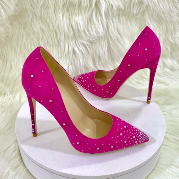 12CM Sexy Pointed Toe High Heels Women Suede Wedding Dress Pumps Spring New Shiny Rhinestone Walk Show Shoes Party Single Shoe