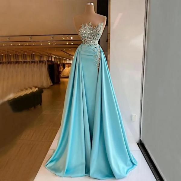 Glamorous Sky Blue Off The Shoulder Tulle Sequin Beaded Mermaid Party Dress Long Prom Gown SP868 main image 0