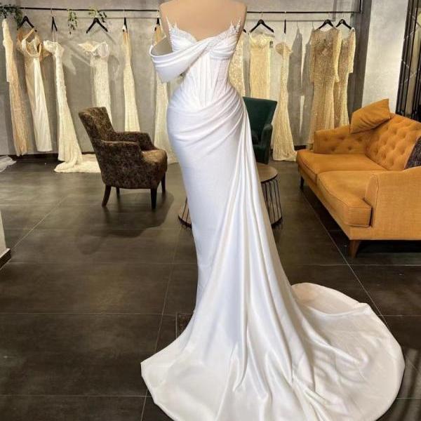 White One Shoulder Satin Prom Dresses Long For Women 2025 Long Sleeve Pearls Pleated Overskirt