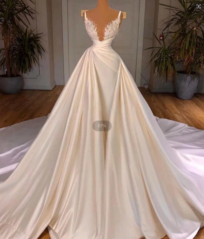 Luxury Satin Ball Gown Wedding Dress with Lace Up Back and V-Neck