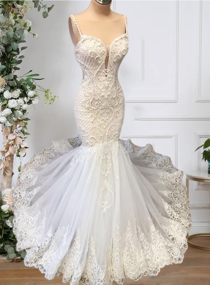 Lace Appliques Mermaid Wedding Dresses Court Train For Bride 2025 Spaghetti Straps V Neck Tight