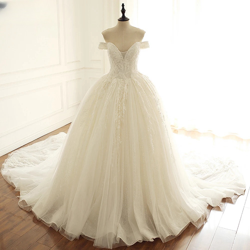 V Neck White Rhinestone Cheap A-line Custom Wedding Dresses Online, WD348