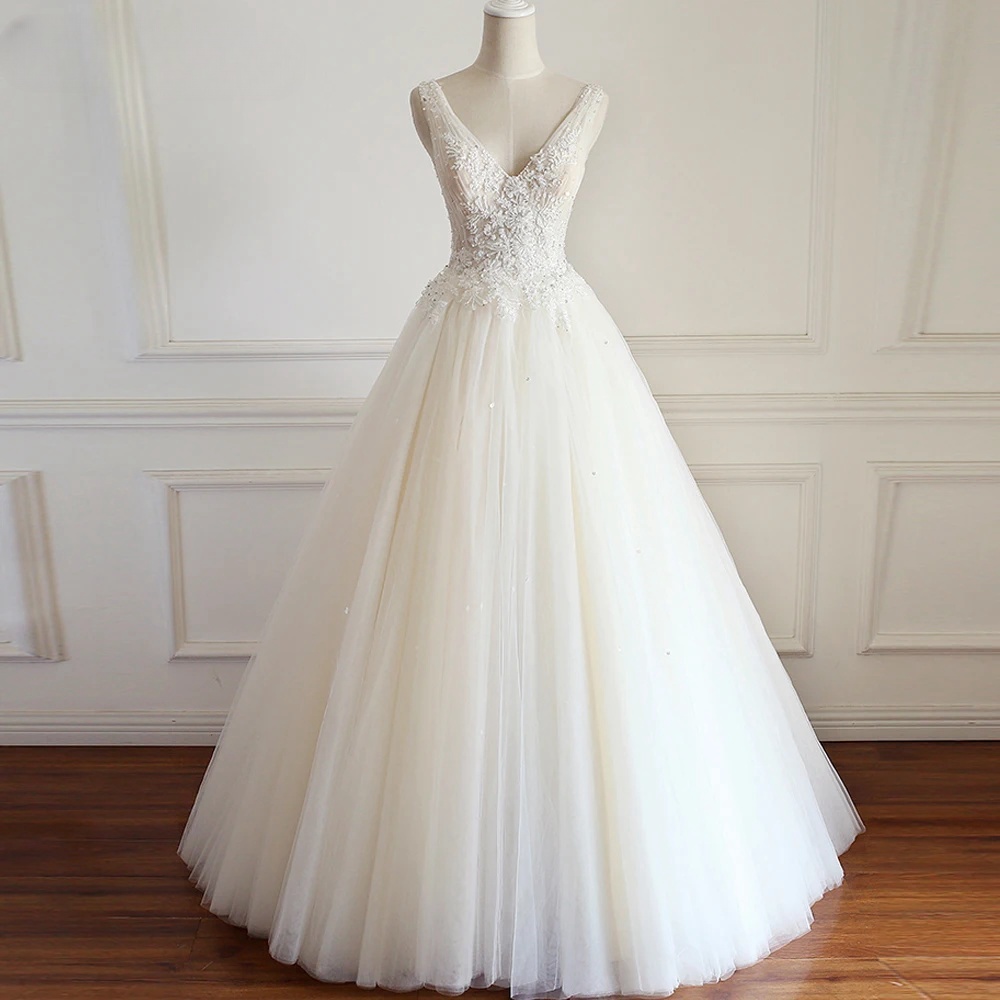 A-Line V Neck White Beaded Wedding Dress VK23090201