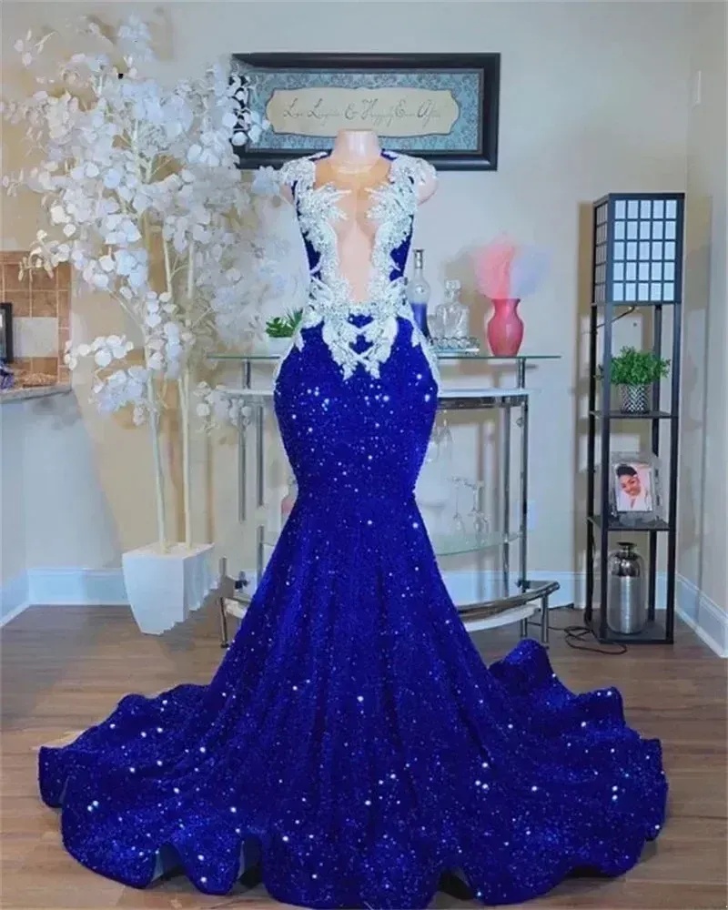 Sparkly Mermaid Royal Blue Sequins Prom Dress ,Charming Evening Dress Y1353 main image 1