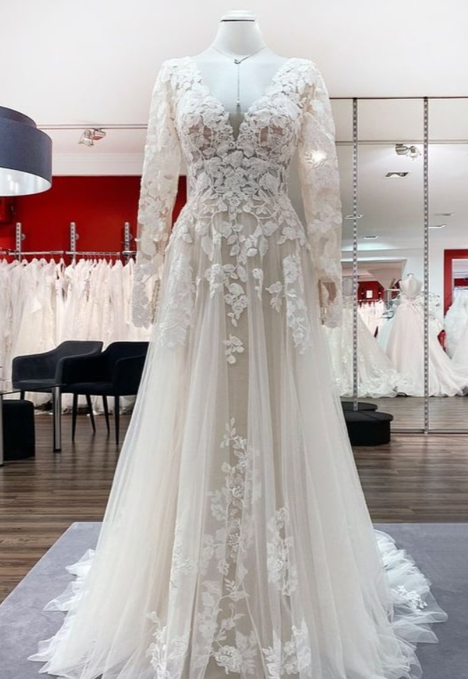 2025 A-line Long Sleeves Lace Open Back Wedding Dresses With Tulle ...