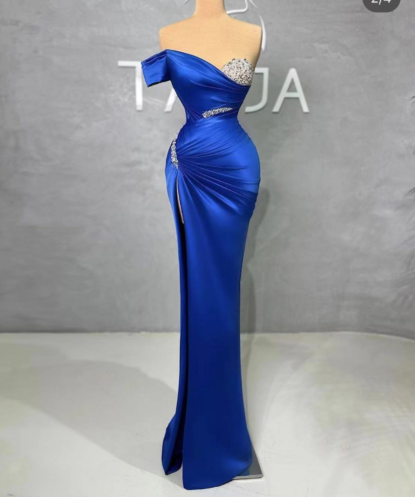 Royal Blue Halter Mermaid Satin Pleats Prom Dress LBQ3798