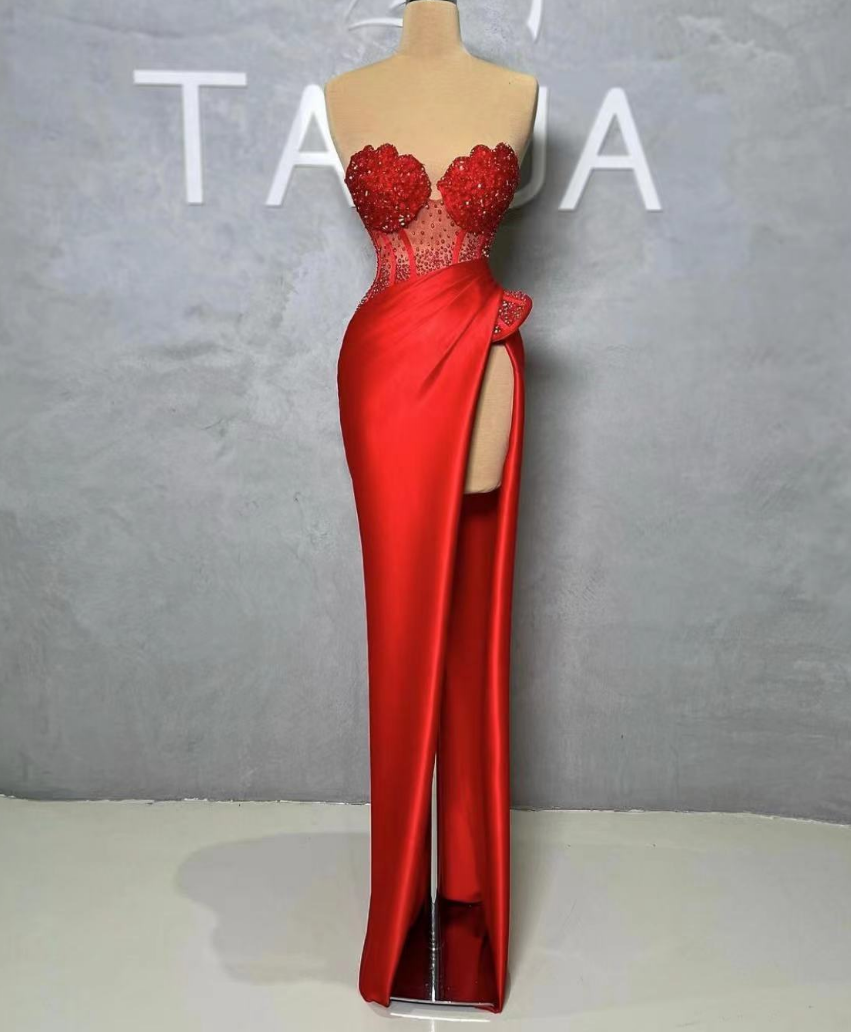 red prom sheath dresses 2022 satin split evening gown C1855
