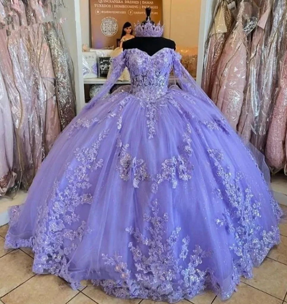 Lavender Princess Quinceanera Dress Ball Gown Lace Appliques Corset Sweet 15 Prom Dresses main image 1