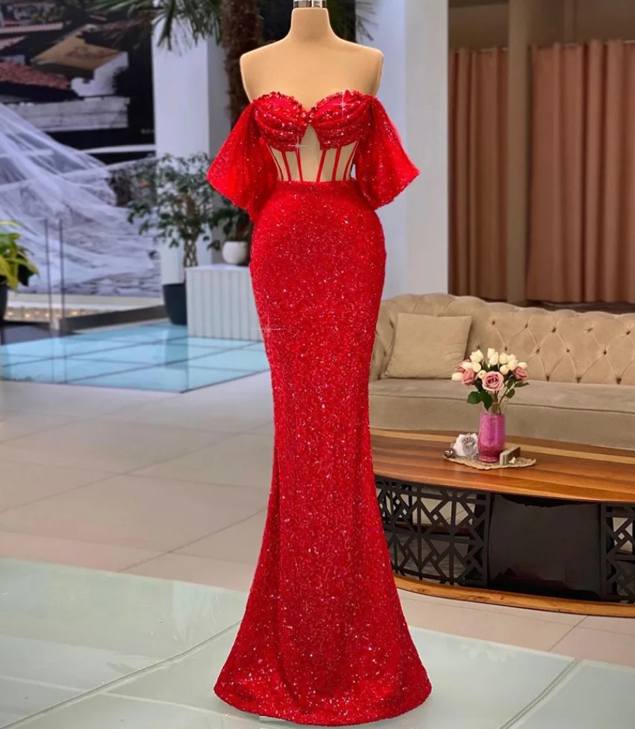 Sexy Red Off The Shoulder Evening Dresses Illusion Bodice Ruched ...